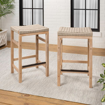 Armand 25.6" Modern Coastal Backless Acacia Wood Outdoor Counter Stool with Woven Rope Seat
